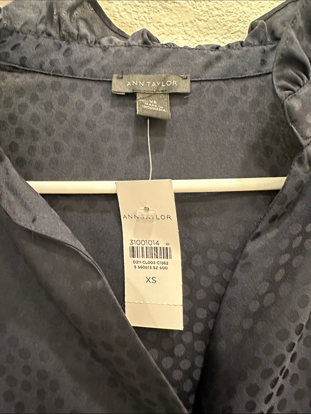Ann Taylor Navy Dot-Jacquard Ruffle Collar Button-Down Blouse - Picture 3 of 3